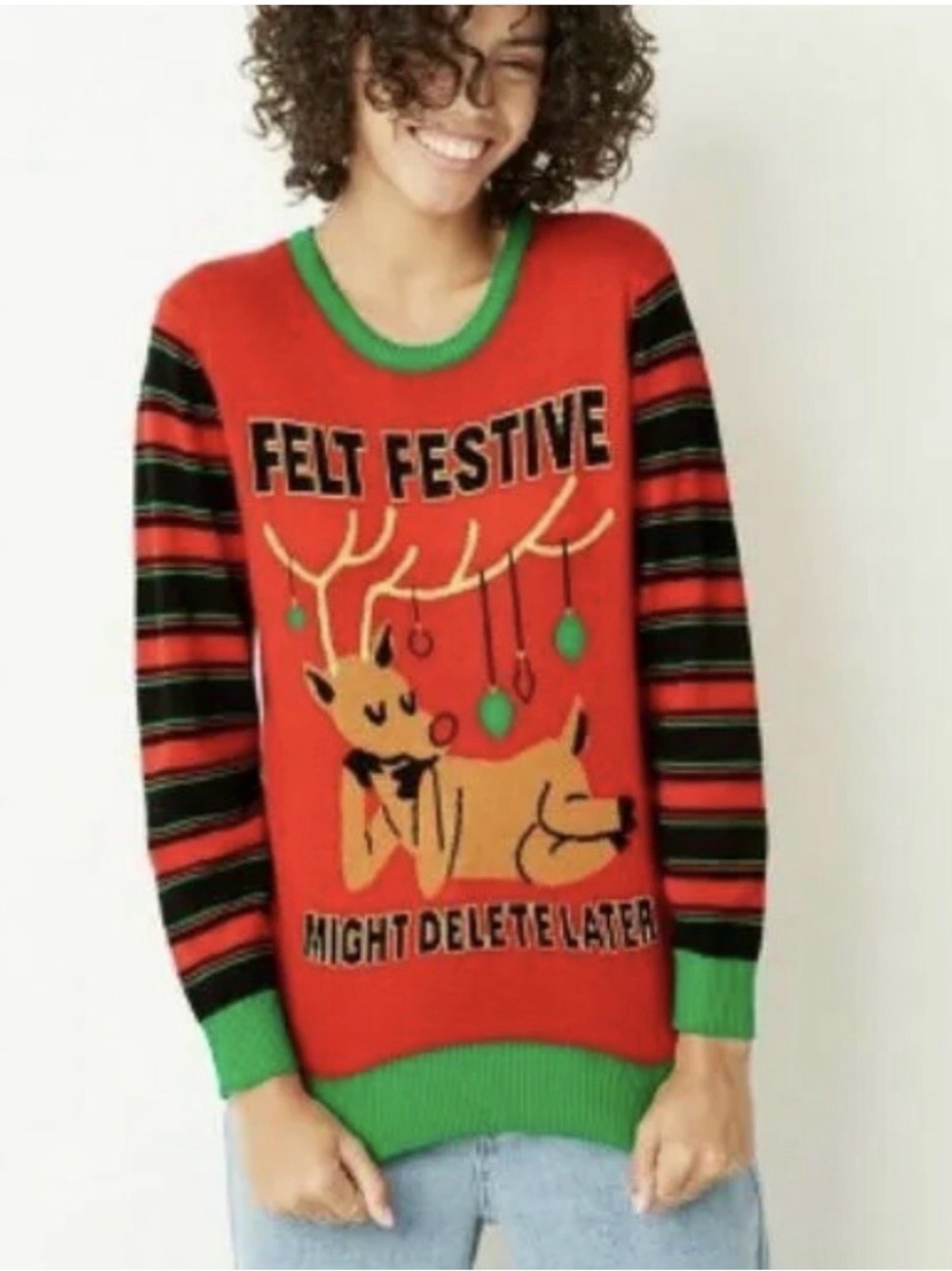 Reindeer Felt Festive Might Delete Later Holiday Pullover Sweater SZ Large